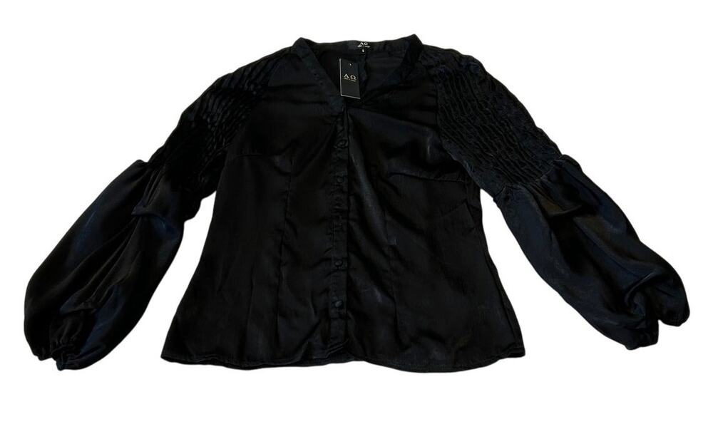 Alpha & Omega Women's Blouse Satin Button Shirt Siz S Black Witchy Goth Boho NWT